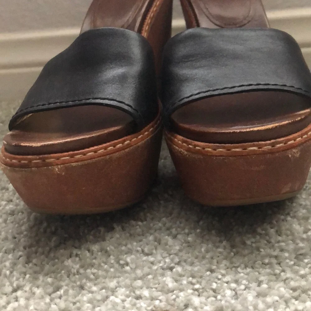 Prada Black Leather and Brown Wood Wedge Sandals - Picture 7 of 7